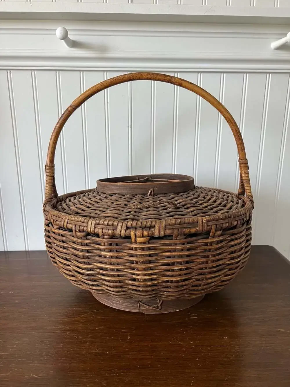 Vintage Round Woven Rattan and Wicker Lidded Basket with Handle